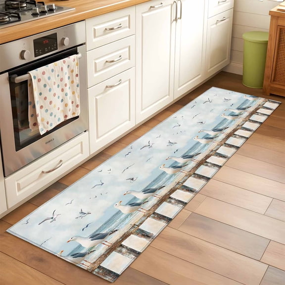 Kitchen Runner Rug Summer Beach Bird Seagull Runner Rugs for Bedroom Hallway Entryway Stair, Ombre Ocean Retro Fence Area Rug Non-slip Washable Floor Carpet 2x6ft