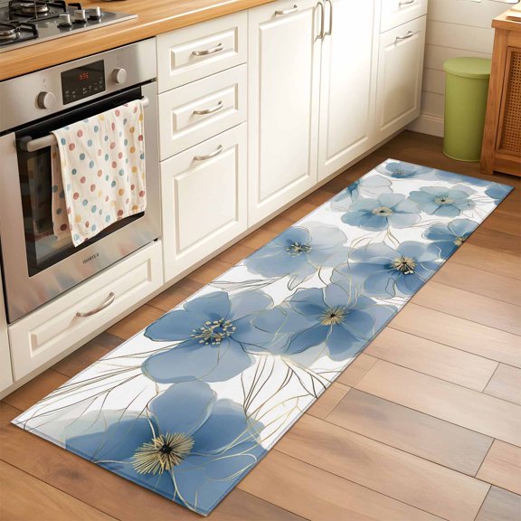 Kitchen Runner Rug Summer Blue Poppy Flowers Runner Rugs for Bedroom Hallway Entryway Stair, Farmhouse Ombre Floral Plant Washable Area Rug Non-slip Floor Carpet 2x6ft
