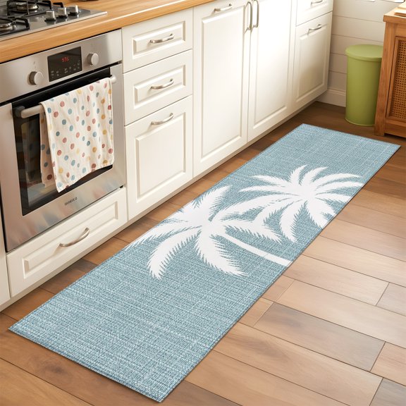 Kitchen Runner Rug Summer Coastal Palm Tree Silhouette Runner Rugs for Bedroom Hallway Entryway Stair, Rustic Light Blue Burlap Washable Area Rug Non-slip Floor Carpet 2x6ft