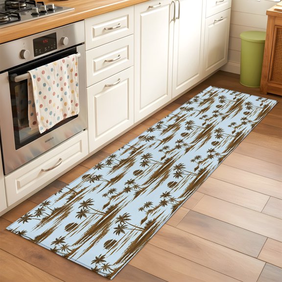 Kitchen Runner Rug Summer Coconut Tree Beach Sun Runner Rugs for Bedroom Hallway Entryway Stair, Retro Blue Area Rug Non-slip Washable Floor Carpet 2x6ft