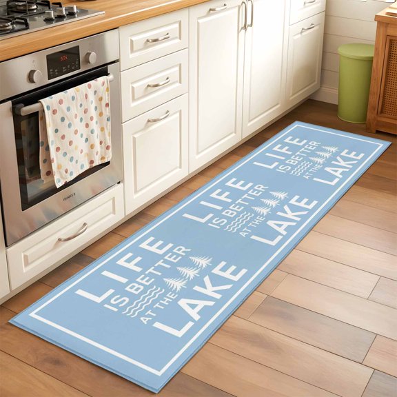 Kitchen Runner Rug Summer Life Lake Quote Runner Rugs for Bedroom Hallway Entryway Stair, White Stripe Blue Back Area Rug Non-slip Washable Floor Carpet 2x6ft