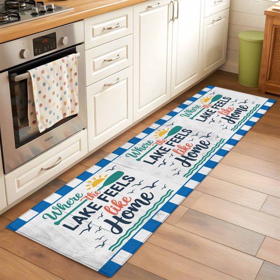 Kitchen Runner Rug Summer Ocean Wavy Retro Plank Runner Rugs for Bedroom Hallway Entryway Stair, Lake Feels like Home Quote Washable Area Rug Non-slip Floor Carpet 2x6ft