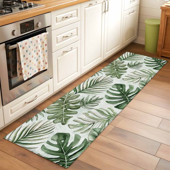 Kitchen Runner Rug Summer Tropical Sun-kissed Foliage Runner Rugs for Bedroom Hallway Entryway Stair, Palm Leaves Washable Area Rug Non-slip Floor Carpet 2x6ft