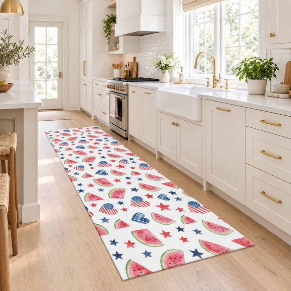 Kitchen Runner Rug Summer Watermelon Slices Area Rug 2’6‘’x8ft, Soft Non-slip Cushion Rugs, USA Flag Heart Red Blue Stars Runner Rugs for Bedroom Hallway Entryway Stair Washable Rugs Floor Carpet