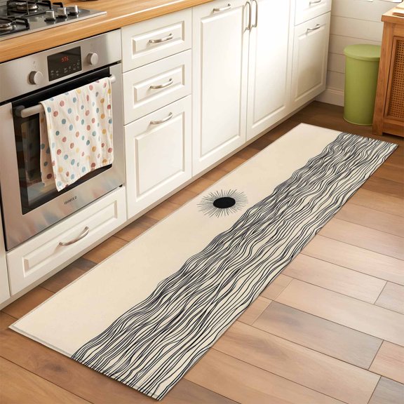 Kitchen Runner Rug Sun Mountain River Abstract Black Stripe Runner Rugs for Bedroom Hallway Entryway Stair, Boho Style Washable Area Rug Non-slip Floor Carpet 2x6ft