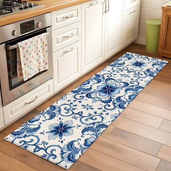 Kitchen Runner Rug Symmetric Blue Flower Texture Runner Rugs for Bedroom Hallway Entryway Stair, Retro Ethnic Floral Leaves Washable Area Rug Non-slip Floor Carpet 2x6ft