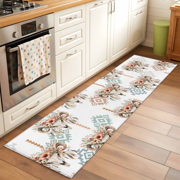 Kitchen Runner Rug Tribal Southwestern Ram Skulls Runner Rugs for Bedroom Hallway Entryway Stair, Geometric Pattern Flower Area Rug Non-slip Washable Floor Carpet 2x6ft