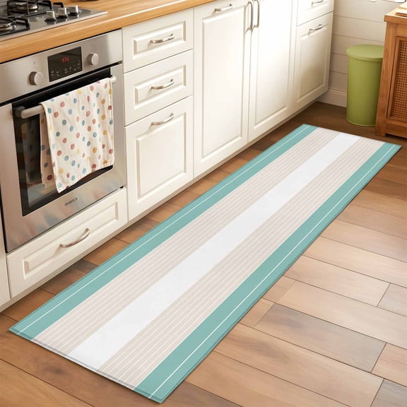 Kitchen Runner Rug Turquoise Beige Stripes Ombre Runner Rugs for Bedroom Hallway Entryway Stair, Turquoise Beige Stripes Washable Area Rug Non-slip Floor Carpet 2x6ft