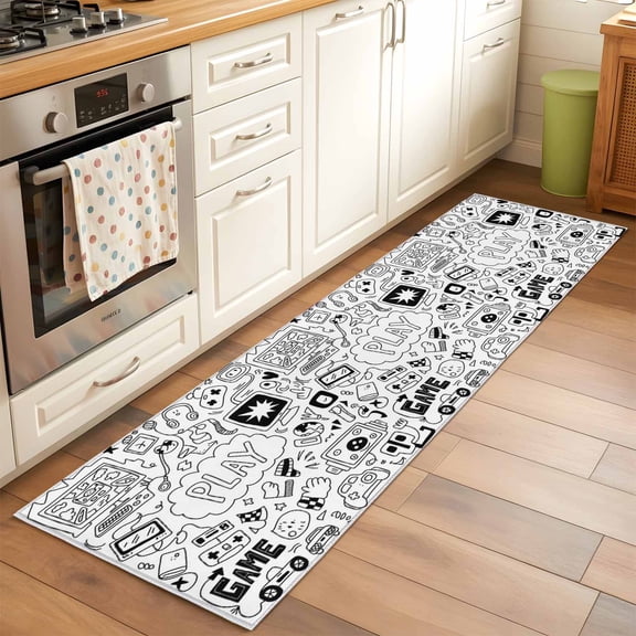 Kitchen Runner Rug Video Games Gaming Vintage Runner Rugs for Bedroom Hallway Entryway Stair, Abstract Sketch Style Washable Area Rug Non-slip Floor Carpet 2x6ft