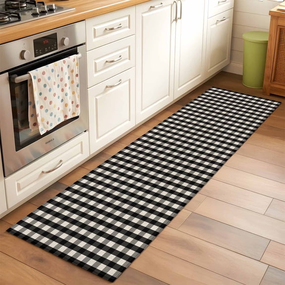 Kitchen Runner Rug Vintage Black Buffalo Plaid Runner Rugs for Bedroom Hallway Entryway Stair, Country Checkerboard Washable Area Rug Non-slip Floor Carpet 2x6ft