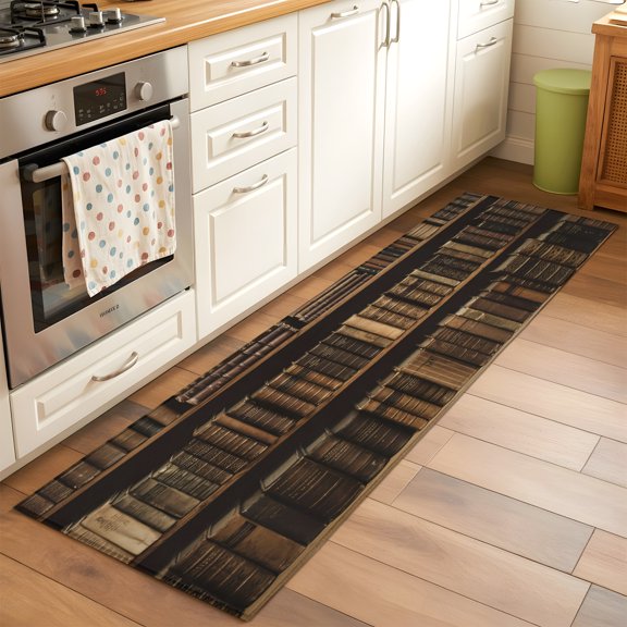 Kitchen Runner Rug Vintage Bookshelf Runner Rugs for Bedroom Hallway Entryway Stair, Library Book Retro Art Washable Area Rug Non-slip Floor Carpet 2x6ft