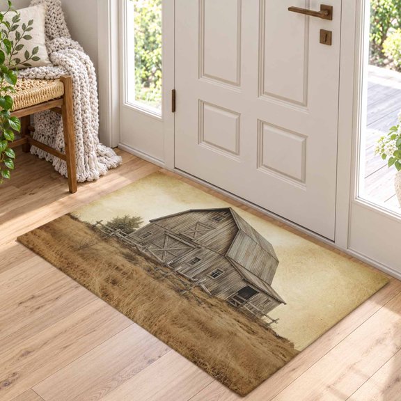 Kitchen Runner Rug Vintage Brown Farm Wood Barn Area Rug for Bedroom Living Room Rug 2x3ft, Soft Sponge Cushioned Non-Slip Washable Rugs, Rustic Fence Dry Hay Field Rectangle Rugs for Dining Room