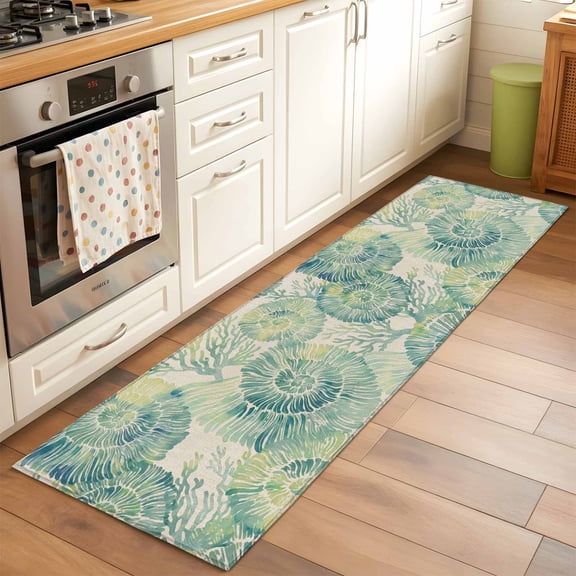 Kitchen Runner Rug Vintage Olive Conch Coral on Linen Runner Rugs for Bedroom Hallway Entryway Stair, Underwater Marine Life Area Rug Non-slip Washable Floor Carpet 2x6ft