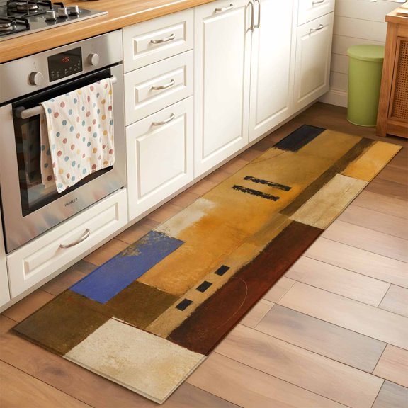 Kitchen Runner Rug Vintage Texture Color Block Runner Rugs for Bedroom Hallway Entryway Stair, Geometric Art Minimalist Line Area Rug Non-slip Washable Floor Carpet 2x6ft