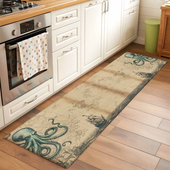 Kitchen Runner Rug Vintage World Map Ocean Octopus Runner Rugs for Bedroom Hallway Entryway Stair, Nautical Sailing Boat Brown Area Rug Non-slip Washable Floor Carpet 2x6ft