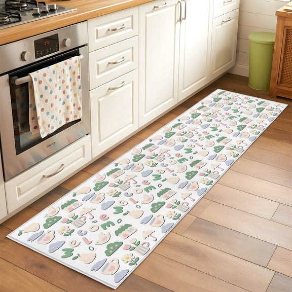 Kitchen Runner Rug Welcome Words Cartoon Bird Runner Rugs for Bedroom Hallway Entryway Stair, Umbrella Teacup Flower Area Rug Non-slip Washable Floor Carpet 2x6ft