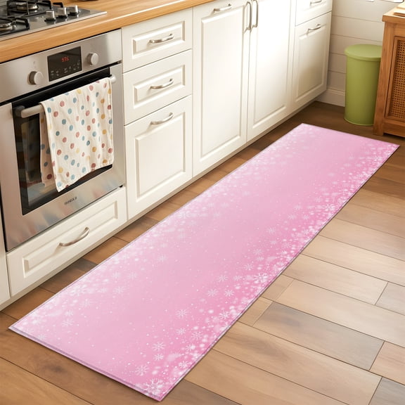 Kitchen Runner Rug Winter Snowflake on Pink Runner Rugs for Bedroom Hallway Entryway Stair, Christmas Floating Snowflakes Area Rug Non-slip Washable Floor Carpet 2x6ft