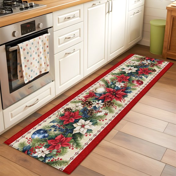 Kitchen Runner Rug Xmas Poinsettia Fir Leaves on Red Runner Rugs for Bedroom Hallway Entryway Stair, Christmas Pine Cones Berry Area Rug Non-slip Washable Floor Carpet 2x6ft