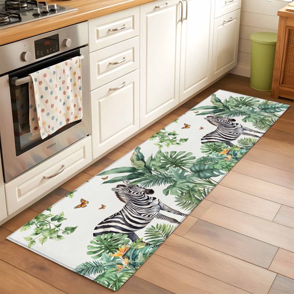 Kitchen Runner Rug Zebra Tropical Leaves Jungle Runner Rugs for Bedroom Hallway Entryway Stair, Black Stripes Animal Portrait Washable Area Rug Non-slip Floor Carpet 2x6ft