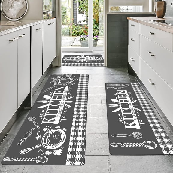 Kitchen Runner Rugs of 3, Non Slip Cushioned Kitchen Mat for Floor Waterproof Comfort Mats Farmhouse Chef Mats Floor Carpet (Gray, 17‘’*30‘’+17‘’*47”+17''*59", Checkered)