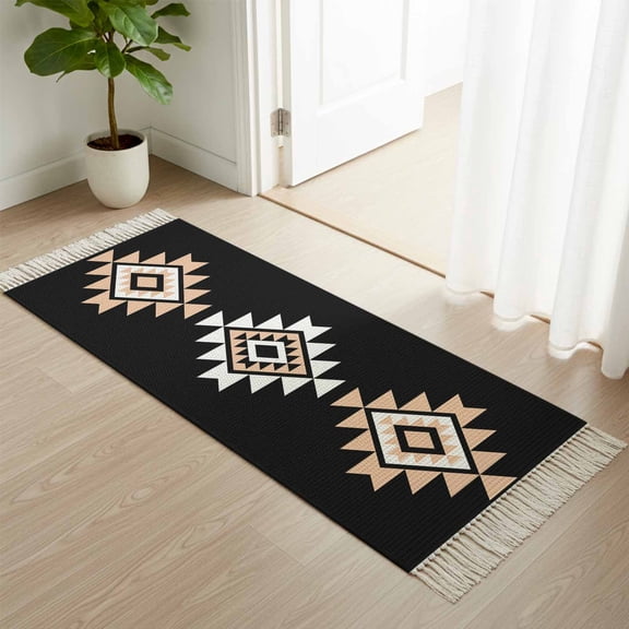 Kitchen Runner Rugs, Abstract Aztec Tribal on Black 2'x4' Throw Rug with Tassels, Retro Western Ethnic Geometric Washable Soft Floor Carpet Runner for Hallway Bedroom Bathroom Laundry Room