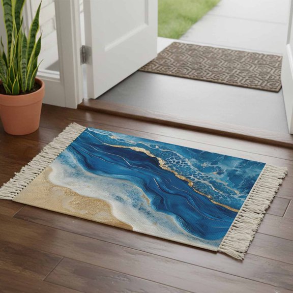 Kitchen Runner Rugs, Abstract Beach Ocean Wave 2'x3' Throw Rug with Tassels, Sea Shore Spray Blue Golden Washable Soft Floor Carpet Runner for Hallway Bedroom Bathroom Laundry Room