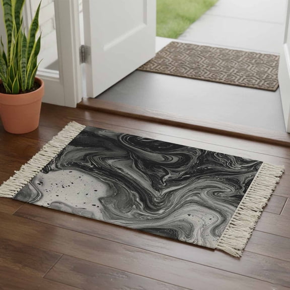 Kitchen Runner Rugs, Abstract Black Gray Fluid Art 2'x3' Throw Rug with Tassels, Modern Marble Texture Washable Soft Floor Carpet Runner for Hallway Bedroom Bathroom Laundry Room