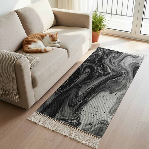 Kitchen Runner Rugs, Abstract Black Gray Fluid Art 2'x5' Throw Rug with Tassels, Modern Marble Texture Washable Soft Floor Carpet Runner for Hallway Bedroom Bathroom Laundry Room