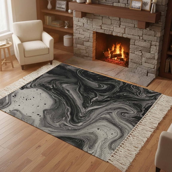 Kitchen Runner Rugs, Abstract Black Gray Fluid Art 4'x6' Throw Rug with Tassels, Modern Marble Texture Washable Soft Floor Carpet Runner for Hallway Bedroom Bathroom Laundry Room