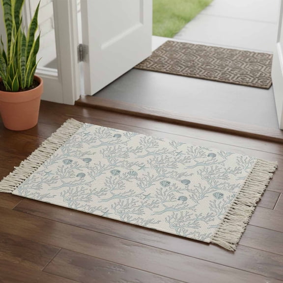 Kitchen Runner Rugs, Abstract Blue Bare Tree Shell on White 2'x3' Throw Rug with Tassels, Summer Ocean World Washable Soft Floor Carpet Runner for Hallway Bedroom Bathroom Laundry Room