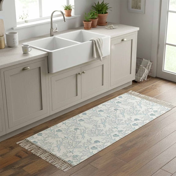 Kitchen Runner Rugs, Abstract Blue Bare Tree Shell on White 2'x6' Throw Rug with Tassels, Summer Ocean World Washable Soft Floor Carpet Runner for Hallway Bedroom Bathroom Laundry Room
