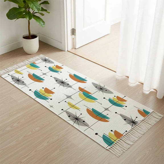 Kitchen Runner Rugs, Abstract Bohemian Pattern 2'x4' Throw Rug with Tassels, Green Yellow Color Block Washable Soft Floor Carpet Runner for Hallway Bedroom Bathroom Laundry Room