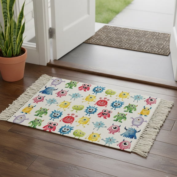 Kitchen Runner Rugs, Abstract Cartoon Monsters 2'x3' Throw Rug with Tassels, Seamless Colorful Cute Alien Washable Soft Floor Carpet Runner for Hallway Bedroom Bathroom Laundry Room