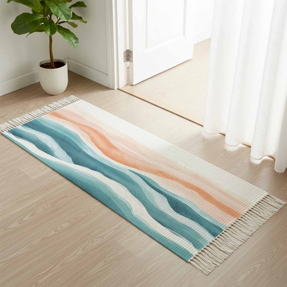 Kitchen Runner Rugs, Abstract Coastal Gradient Waves 2'x4' Throw Rug with Tassels, Modern Watercolor Ripples Washable Soft Floor Carpet Runner for Hallway Bedroom Bathroom Laundry Room