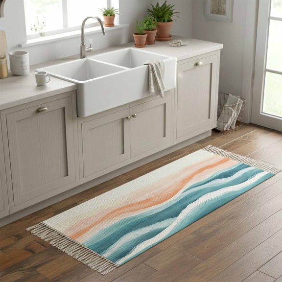Kitchen Runner Rugs, Abstract Coastal Gradient Waves 2'x6' Throw Rug with Tassels, Modern Watercolor Ripples Washable Soft Floor Carpet Runner for Hallway Bedroom Bathroom Laundry Room