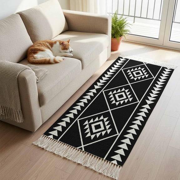 Kitchen Runner Rugs, Abstract Ethnic Geometric Art 2'x5' Throw Rug with Tassels, Black White Tribal Triangle Washable Soft Floor Carpet Runner for Hallway Bedroom Bathroom Laundry Room