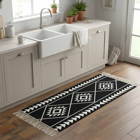 Kitchen Runner Rugs, Abstract Ethnic Geometric Art 2'x6' Throw Rug with Tassels, Black White Tribal Triangle Washable Soft Floor Carpet Runner for Hallway Bedroom Bathroom Laundry Room