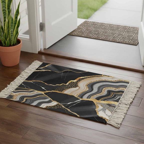 Kitchen Runner Rugs, Abstract Flowing Marble Fluid Art 2'x3' Throw Rug with Tassels, Black and Gold Lines Washable Soft Floor Carpet Runner for Hallway Bedroom Bathroom Laundry Room