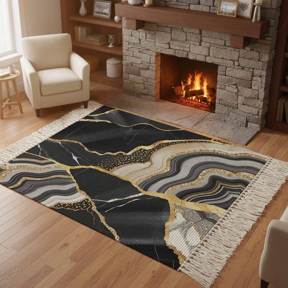 Kitchen Runner Rugs, Abstract Flowing Marble Fluid Art 4'x6' Throw Rug with Tassels, Black and Gold Lines Washable Soft Floor Carpet Runner for Hallway Bedroom Bathroom Laundry Room
