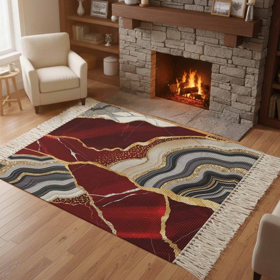 Kitchen Runner Rugs, Abstract Flowing Marble Fluid Art 4'x6' Throw Rug with Tassels, Red and Gold Lines Washable Soft Floor Carpet Runner for Hallway Bedroom Bathroom Laundry Room