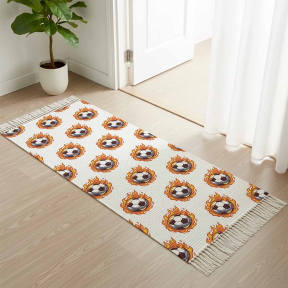 Kitchen Runner Rugs, Abstract Football Red Flame 2'x4' Throw Rug with Tassels, Modern Street Art Washable Soft Floor Carpet Runner for Hallway Bedroom Bathroom Laundry Room