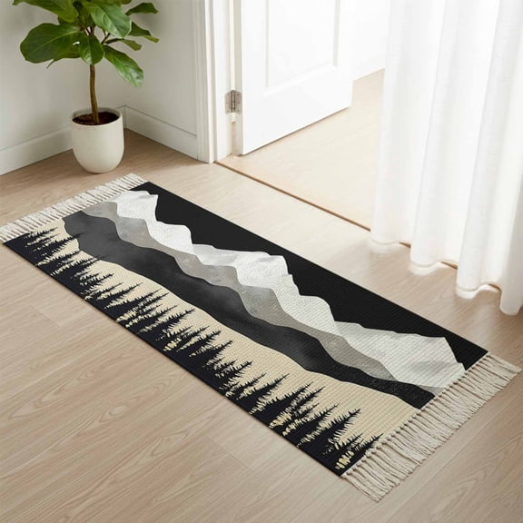 Kitchen Runner Rugs, Abstract Forest Mountain Pine Tree 2'x4' Throw Rug with Tassels, Retro Peaks Landscape Washable Soft Floor Carpet Runner for Hallway Bedroom Bathroom Laundry Room