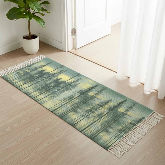 Kitchen Runner Rugs, Abstract Forest Pine Tree 2'x4' Throw Rug with Tassels, Oil Painting Natural Scenery Washable Soft Floor Carpet Runner for Hallway Bedroom Bathroom Laundry Room