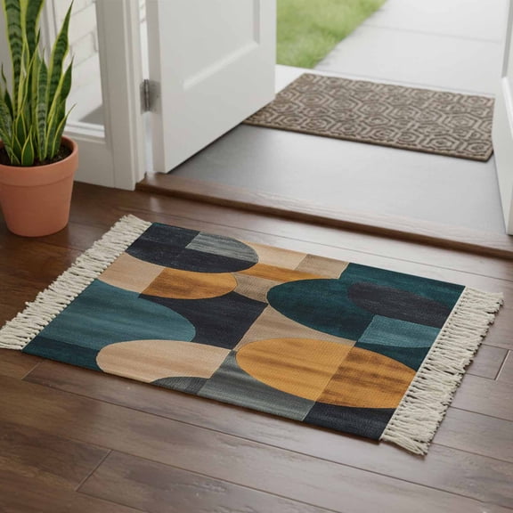 Kitchen Runner Rugs, Abstract Geometric Patchwork 2'x3' Throw Rug with Tassels, Vintage Gradient Oval Art Washable Soft Floor Carpet Runner for Hallway Bedroom Bathroom Laundry Room