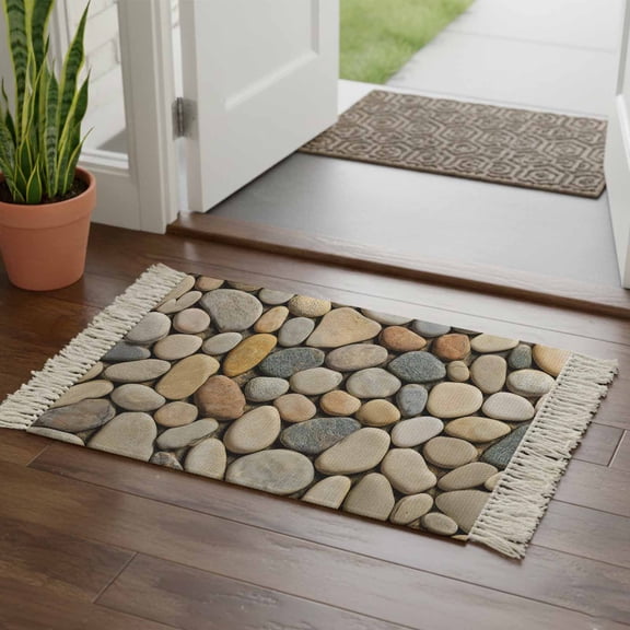 Kitchen Runner Rugs, Abstract Gray Yellow Cobblestone 2'x3' Throw Rug with Tassels, Modern Grey Pebble Stone Washable Soft Floor Carpet Runner for Hallway Bedroom Bathroom Laundry Room