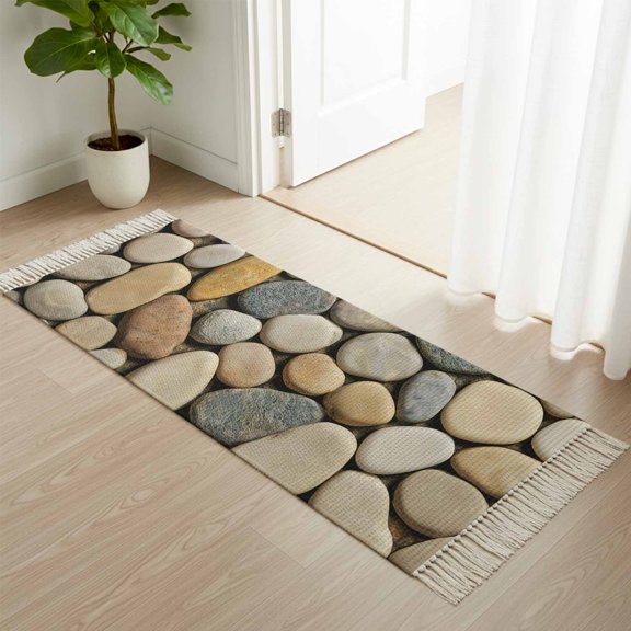 Kitchen Runner Rugs, Abstract Gray Yellow Cobblestone 2'x4' Throw Rug with Tassels, Modern Grey Pebble Stone Washable Soft Floor Carpet Runner for Hallway Bedroom Bathroom Laundry Room