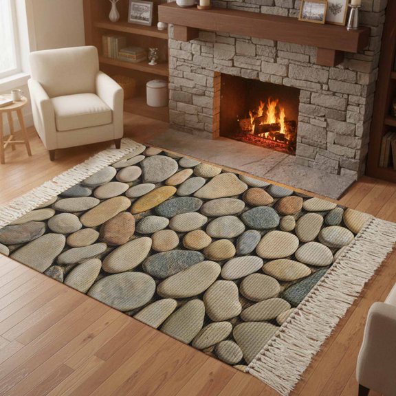 Kitchen Runner Rugs, Abstract Gray Yellow Cobblestone 4'x6' Throw Rug with Tassels, Modern Grey Pebble Stone Washable Soft Floor Carpet Runner for Hallway Bedroom Bathroom Laundry Room