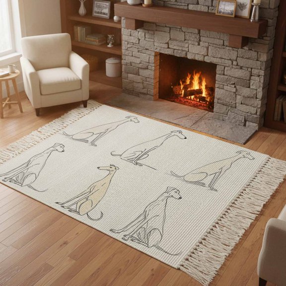 Kitchen Runner Rugs, Abstract Greyhound Dog Sketch 4'x6' Throw Rug with Tassels, Animal Line Art on White Washable Soft Floor Carpet Runner for Hallway Bedroom Bathroom Laundry Room