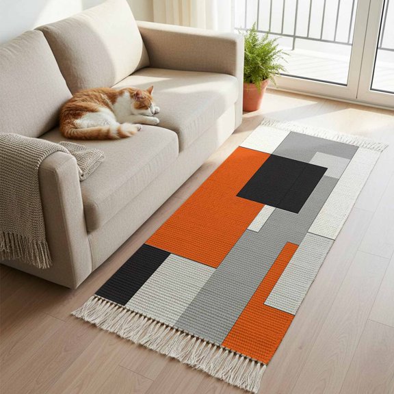 Kitchen Runner Rugs, Abstract Minimalist Patchwork Art 2'x5' Throw Rug with Tassels, Orange Black Gray Block Washable Soft Floor Carpet Runner for Hallway Bedroom Bathroom Laundry Room
