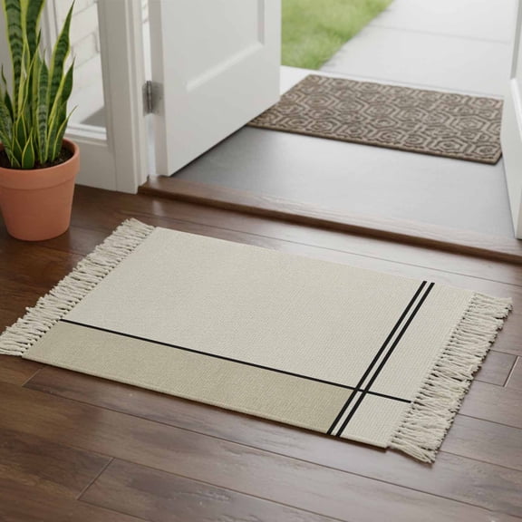 Kitchen Runner Rugs, Abstract Modern Minimalist Art 2'x3' Throw Rug with Tassels, Lines Color Burlap Splicing Washable Soft Floor Carpet Runner for Hallway Bedroom Bathroom Laundry Room
